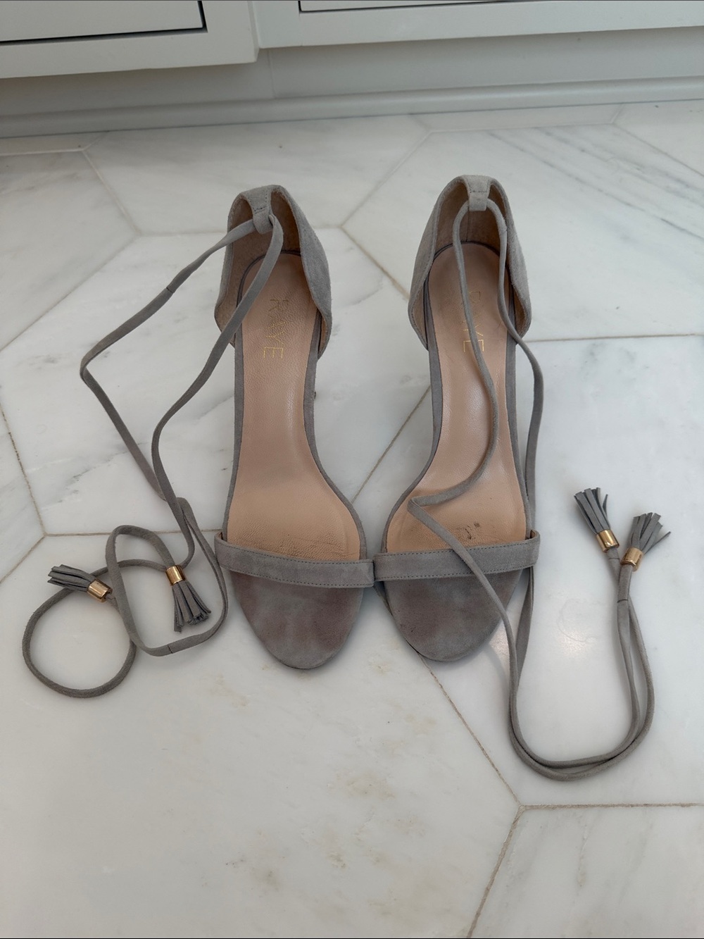 RAYE Suede Ankle-Tie Open-Toe Heels in Light Gray